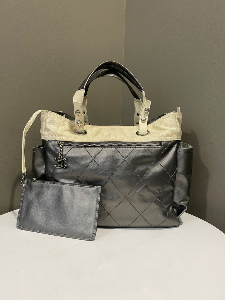 Chanel Paris Biarritz Tote Bag Silver / Cream Leather