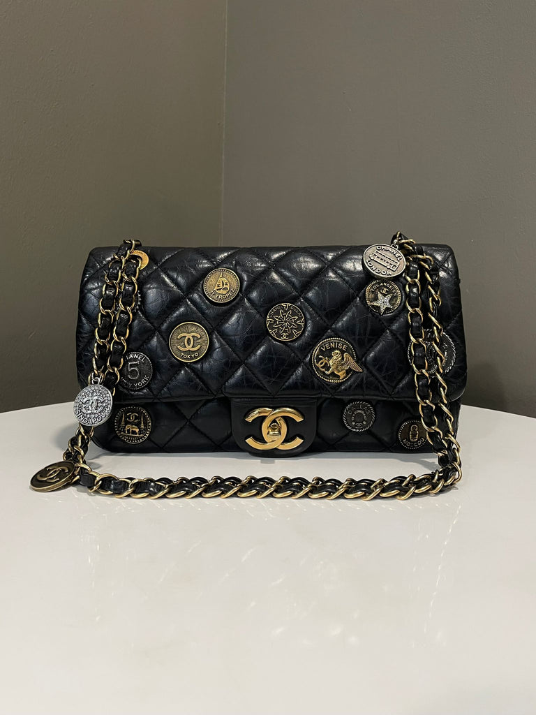 Chanel Paris Dubai Coin Medallion Flap Bag Black Aged Calfskin