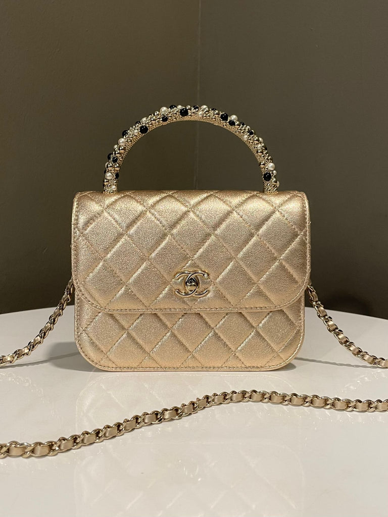 Chanel Pearl Embellished Top Handle Clutch On Chain  Metallic Gold