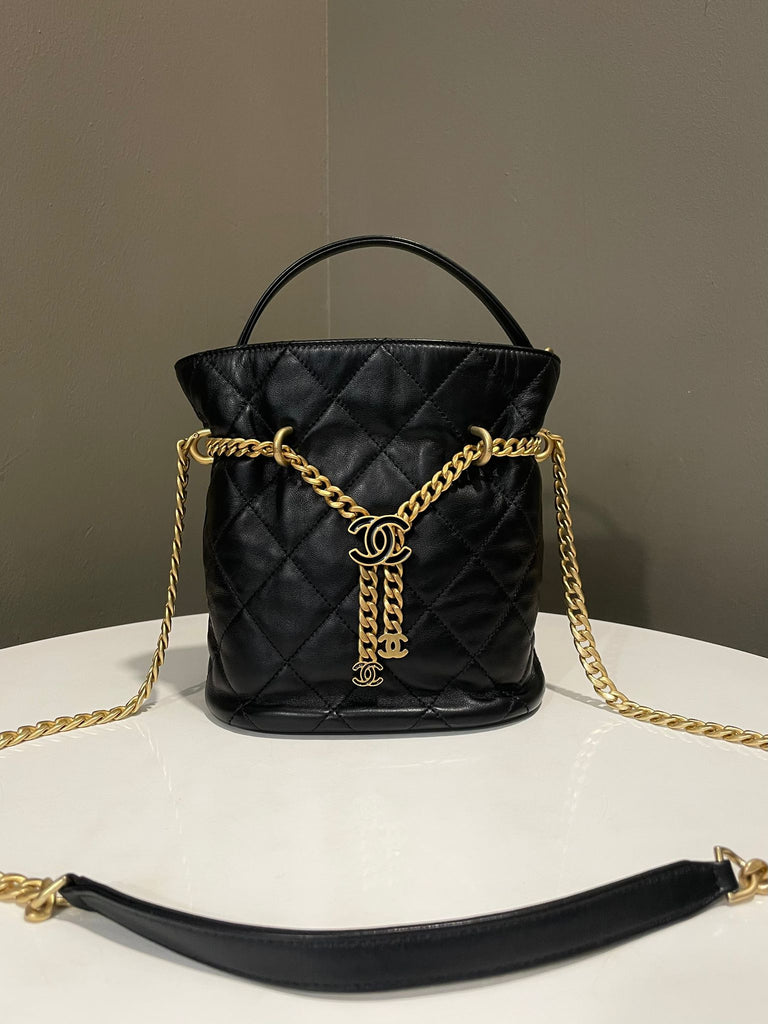 Chanel Pending Enamel Cc Bucket Bag Black Lambskin