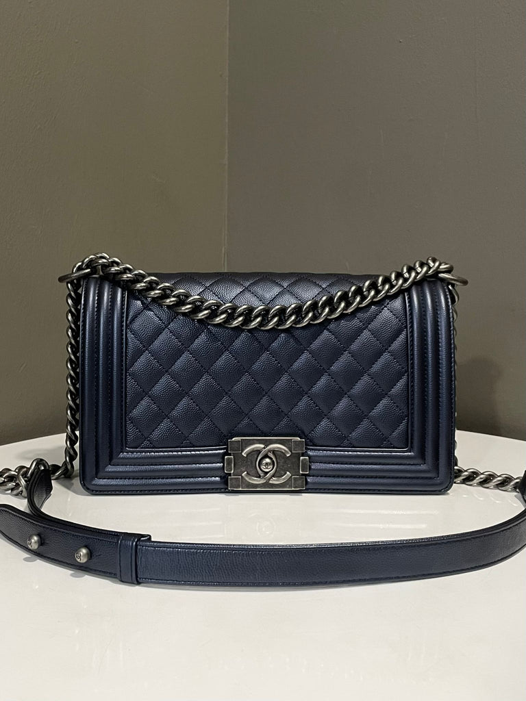 Chanel Quilted Boy Medium 
Blue Metallic