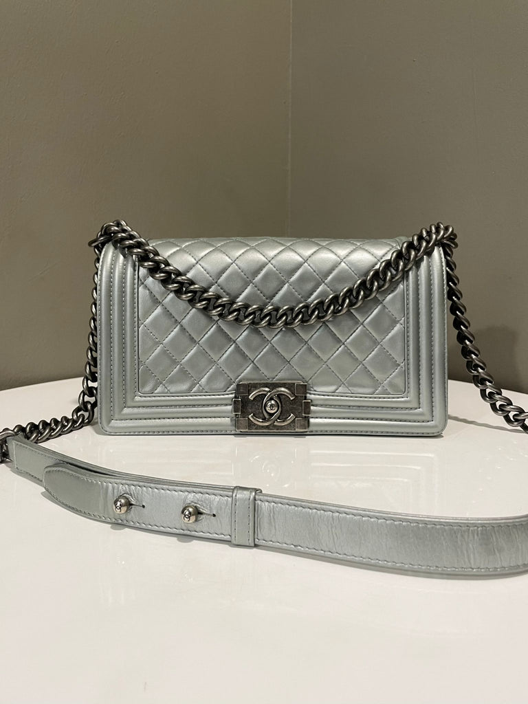 Chanel Quilted Boy Medium Silver Metallic