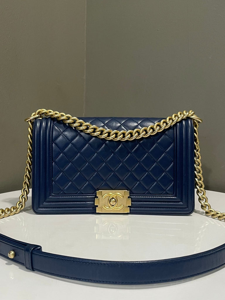 Chanel Quilted Boy Old Medium Blue Lambskin
