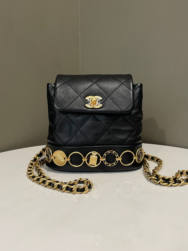 Chanel Quilted Cc Gold Charm Backpack Black 