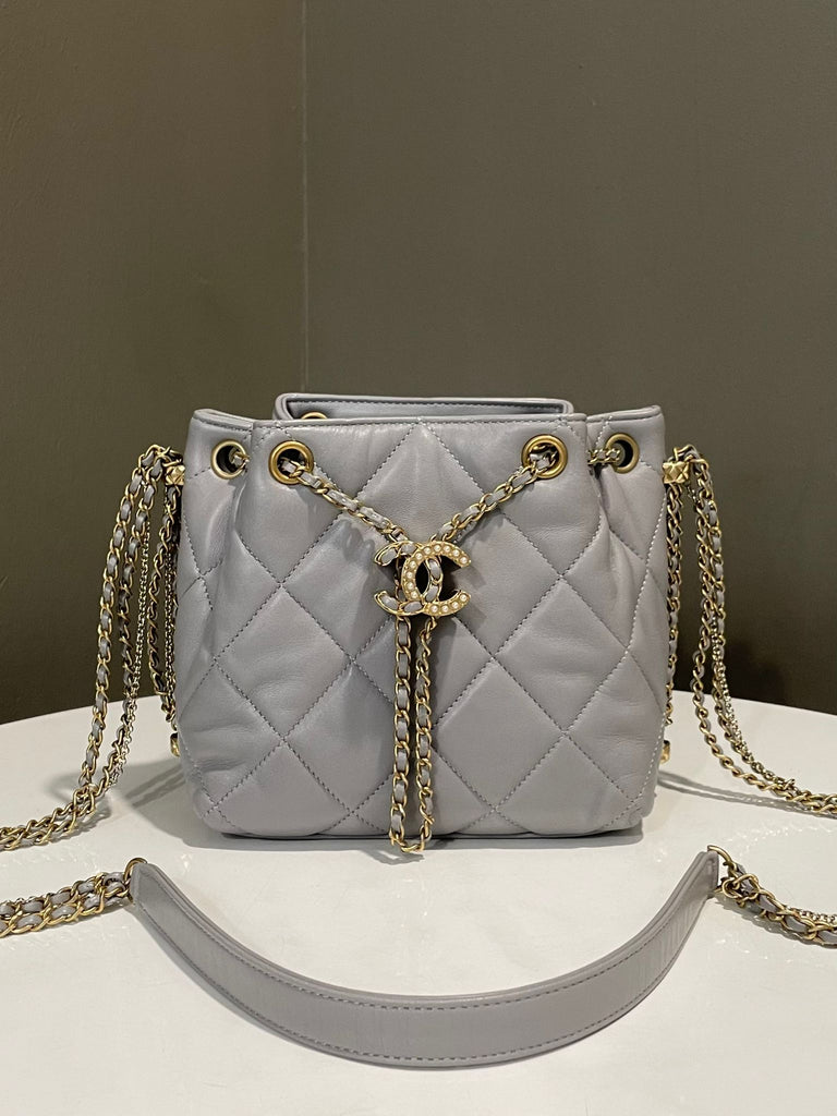Chanel Quilted CC Pearl Clasps Bucket Bag Grey Lambskin