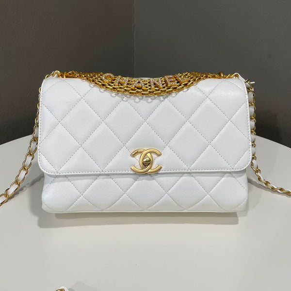 Chanel Quilted Cc Crystal Logo Chain Flap Bag Iovry White Calfskin