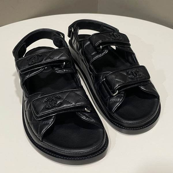 Chanel Quilted Cc Dad Sandals Black Lambskin BHW Size 40C