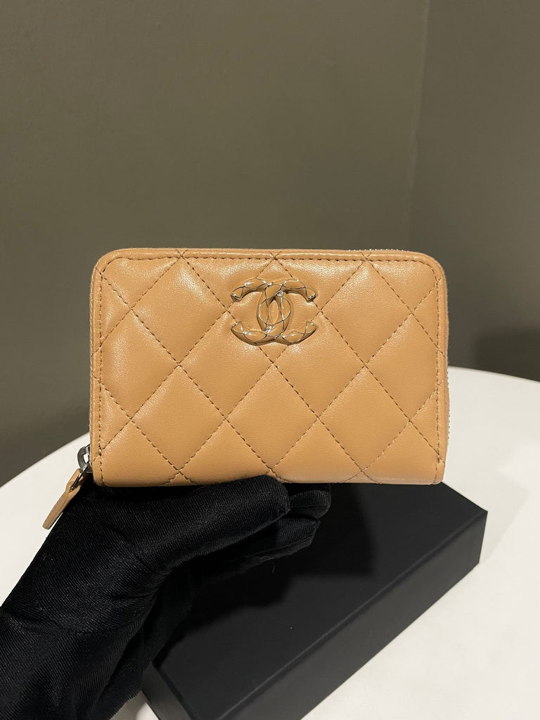 Chanel Quilted Cc Logo Zip Coin Purse Caramel Beige Lambskin