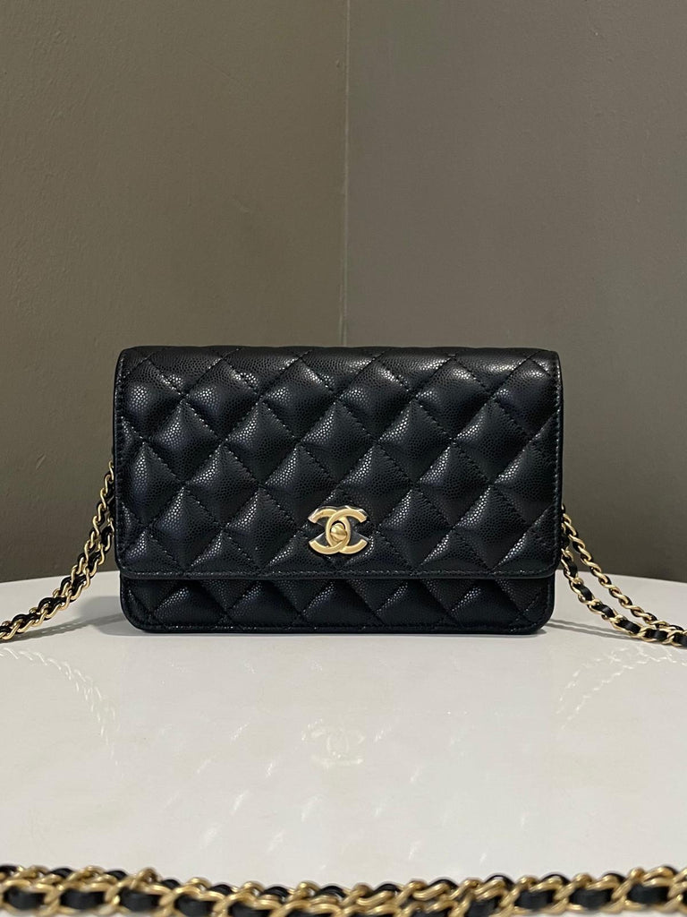 Chanel Quilted Cc Turnlock Wallet Double Chain Black Caviar