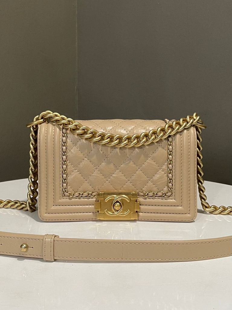 Chanel Quilted Chain Around Small Boy Beige Aged Calf