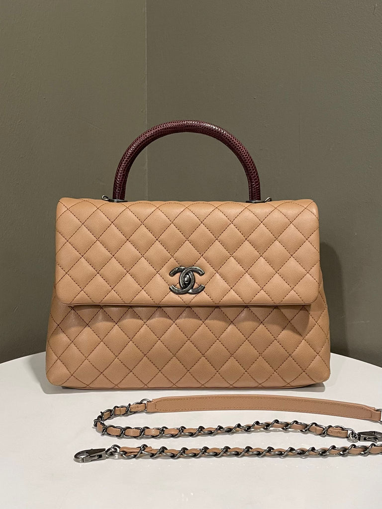 Chanel Quilted Coco Lizard Handle Dark Beige Caviar