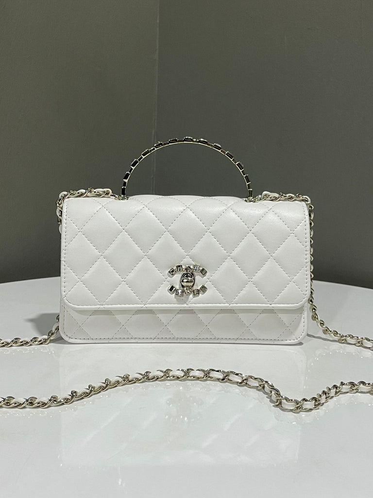 Chanel Quilted Crystal Top Handle Flap Chain Ivory 