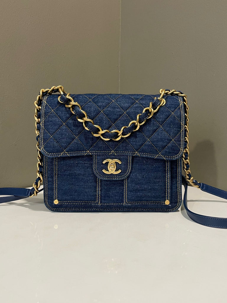 Chanel Quilted Double You CC Flap Backpack Dark Denim