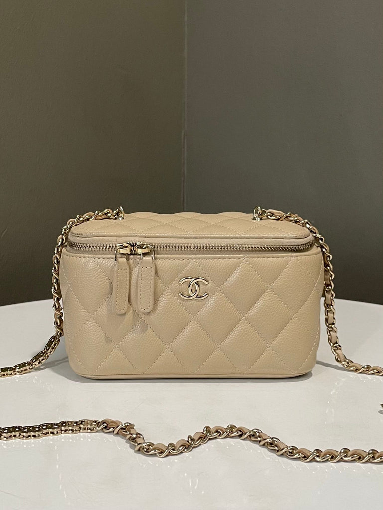 Chanel Quilted Logo Chain Vanity Rectangular Beige Caviar