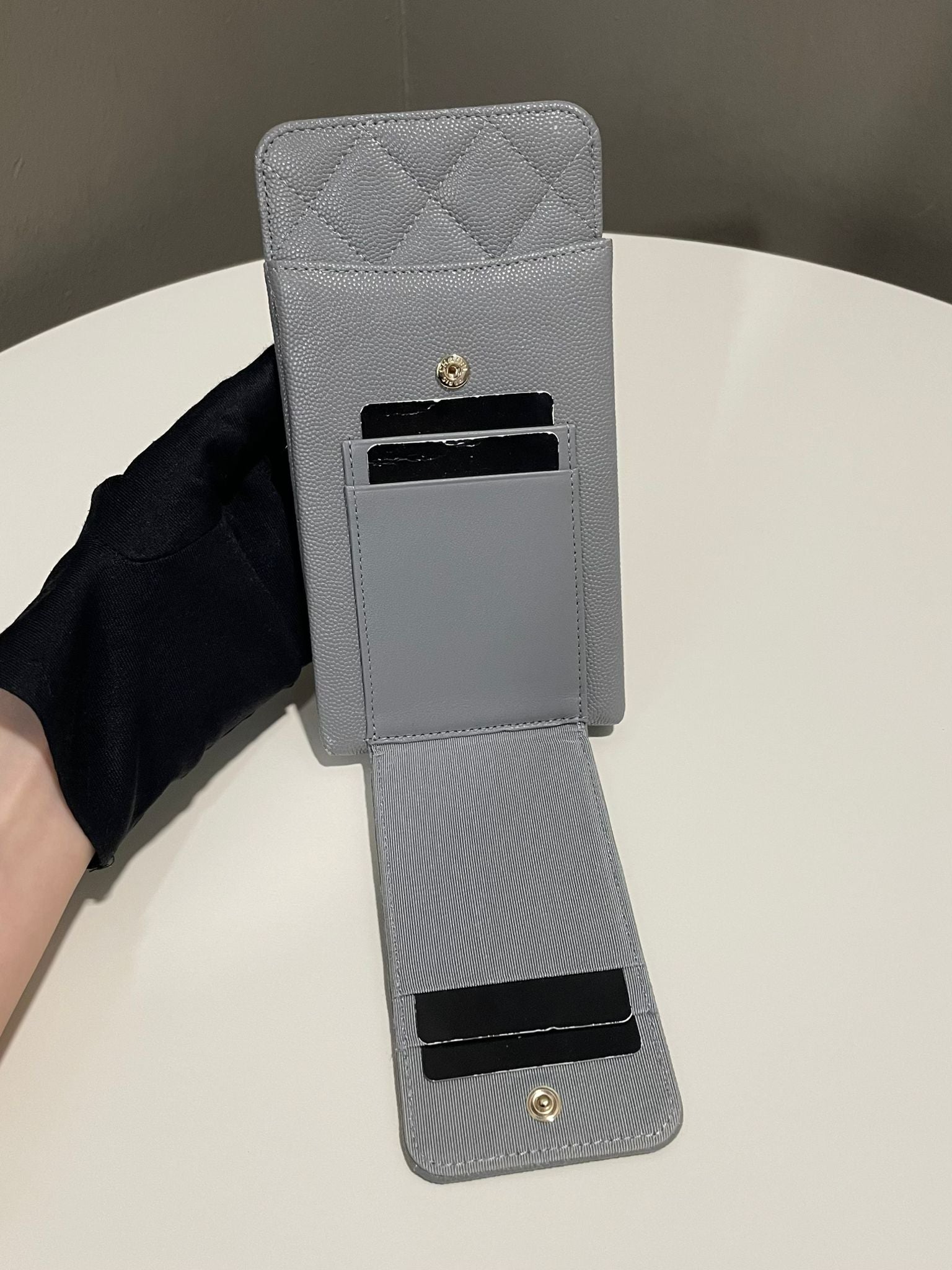 Chanel Quilted Phone Holder with Chain Grey Caviar – LOVELOTSLUXURY Chanel Quilted Phone Holder with Chain Grey Caviar – LOVELOTSLUXURY