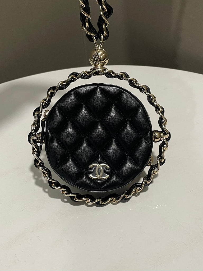 Chanel Quilted Round Mini Clutch With Chain Black Lambskin