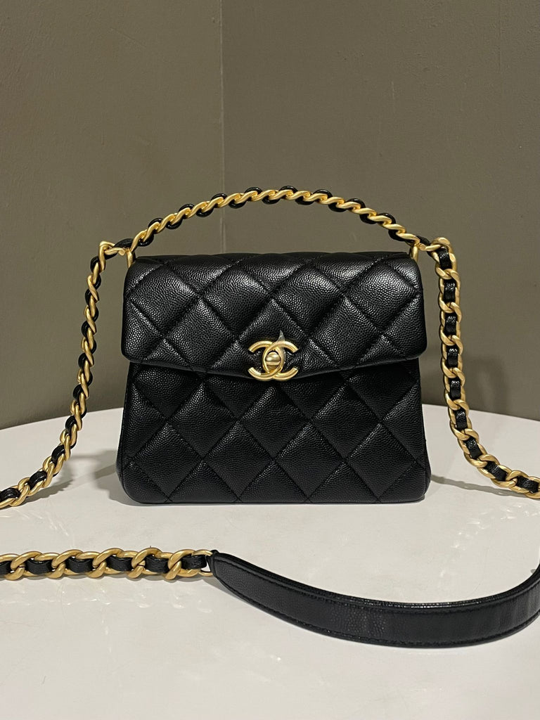 Chanel Quilted Rue Cambon 31 Mini Black Top Handle Bag Black Caviar
