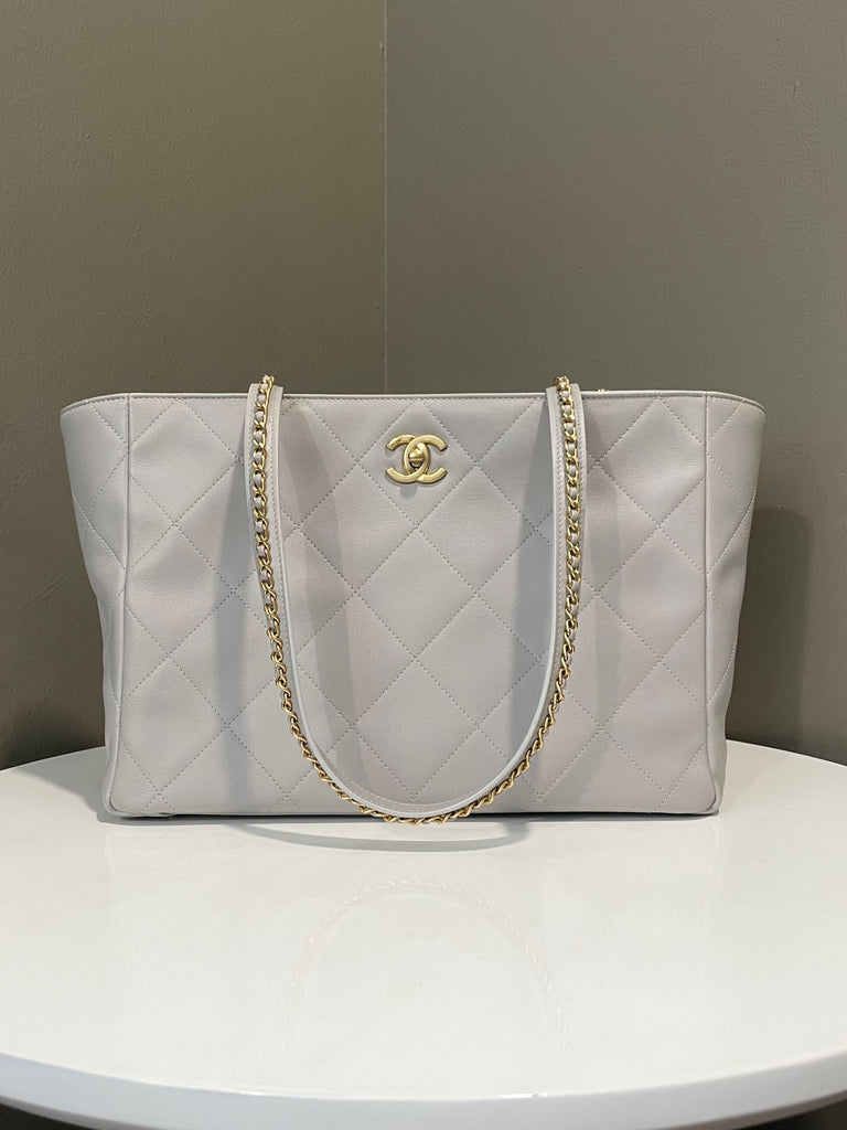 Chanel Quilted Shopping Tote Bag Light Grey Calfskin