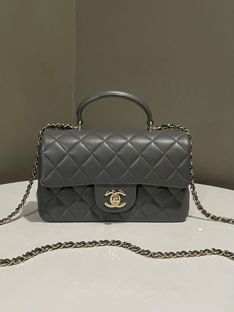 Chanel Quilted Top Handle Mini Rectangular Grey Lambskin
