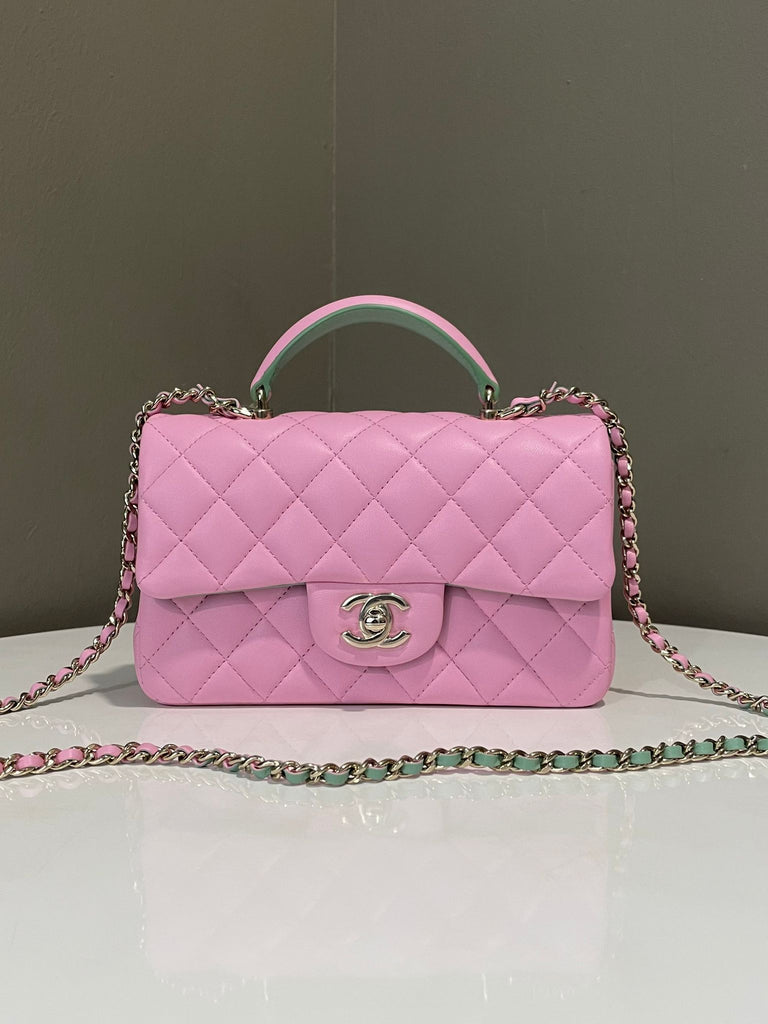 Chanel Quilted Top Handle Mini Rectangular 
Pink / Green Lambskin