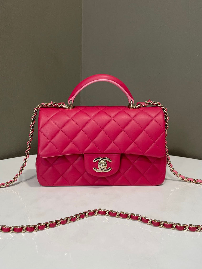 Chanel Quilted Top Handle Mini Rectangular Rose Fuchsia Pink Lambskin