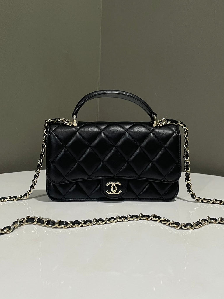 Chanel Quilted Top Handle Phone Clutch on Chain Black Lambskin