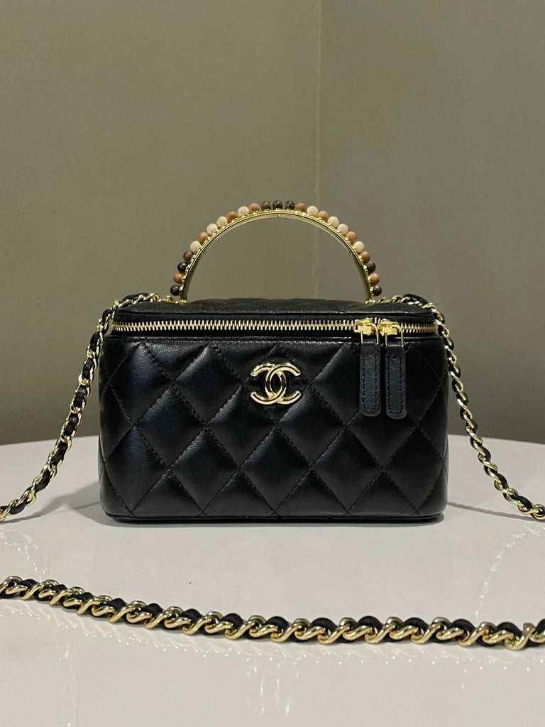 Chanel Quilted Vanity Beaded Top Handle Rectangular Black Lambskin