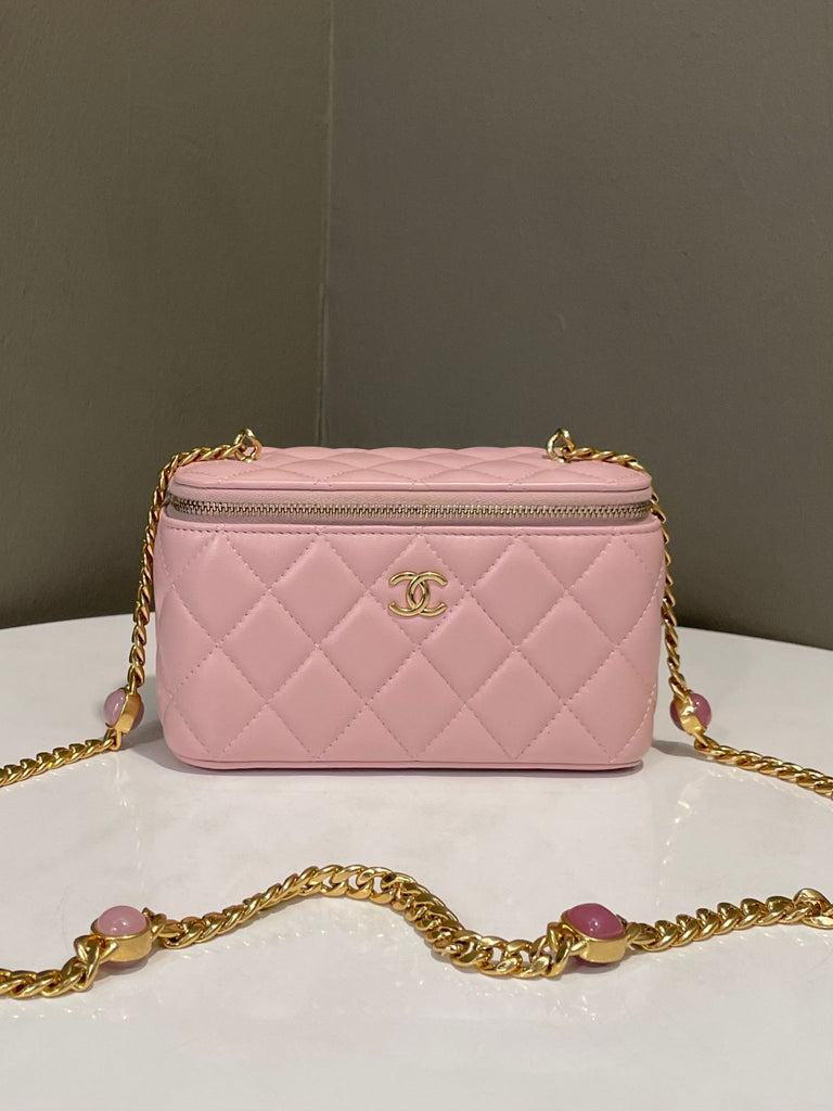 Chanel Quilted Vanity Rectangular Gem Chain  Dust Pink Lambskin / Enamel