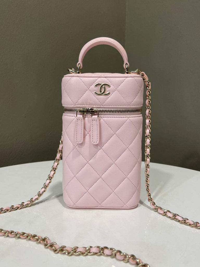 Chanel Quilted Vanity Top Handle Phone Holder Rose Claire Lambskin
