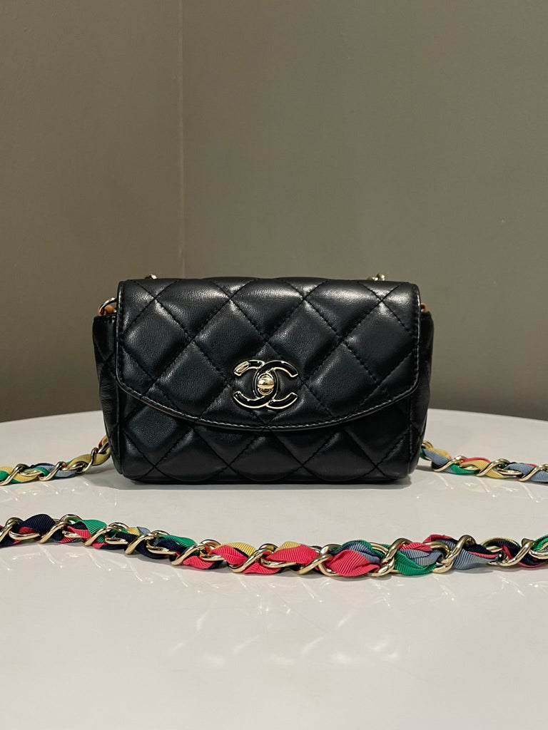 Chanel Ribbon Chain Flap Bag Black Lambskin