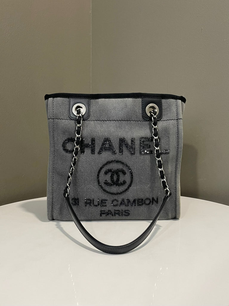 Chanel Sequin Deauville PM Tote Grey Canvas