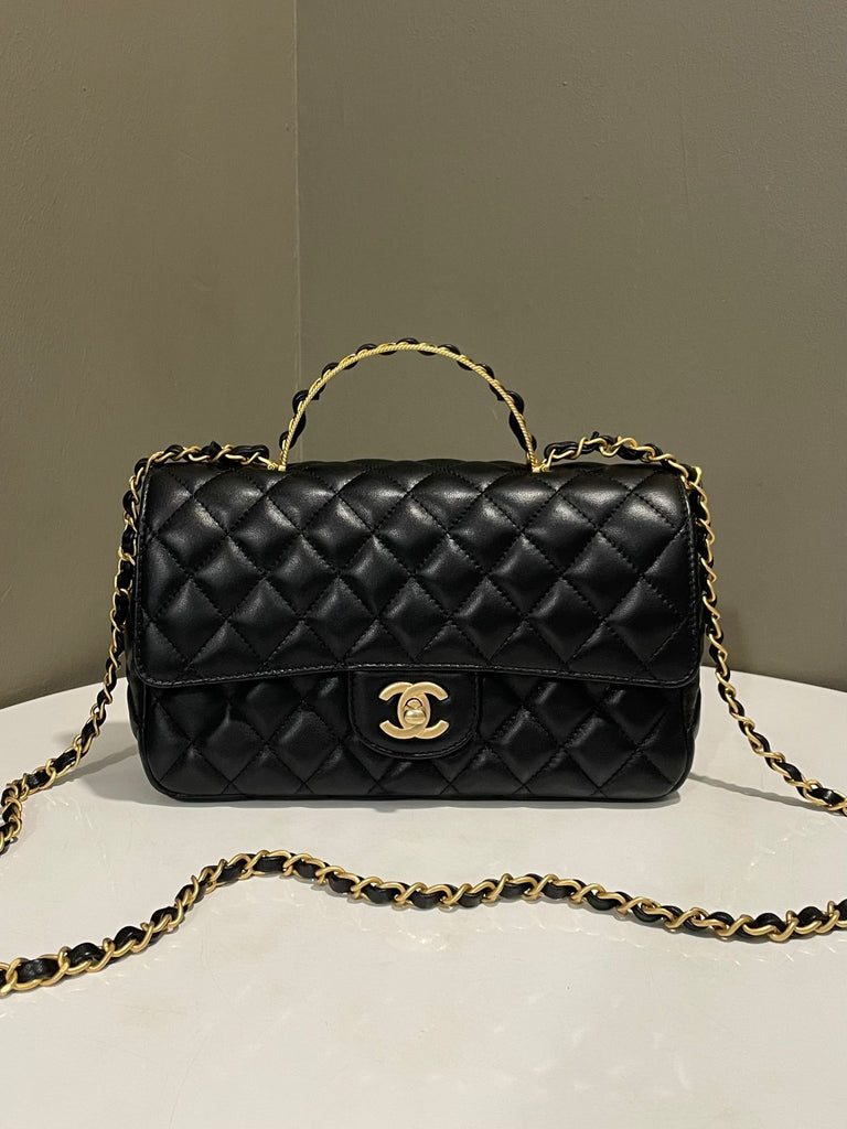 Chanel Top Handle Chain Flap Bag Black Lambskin