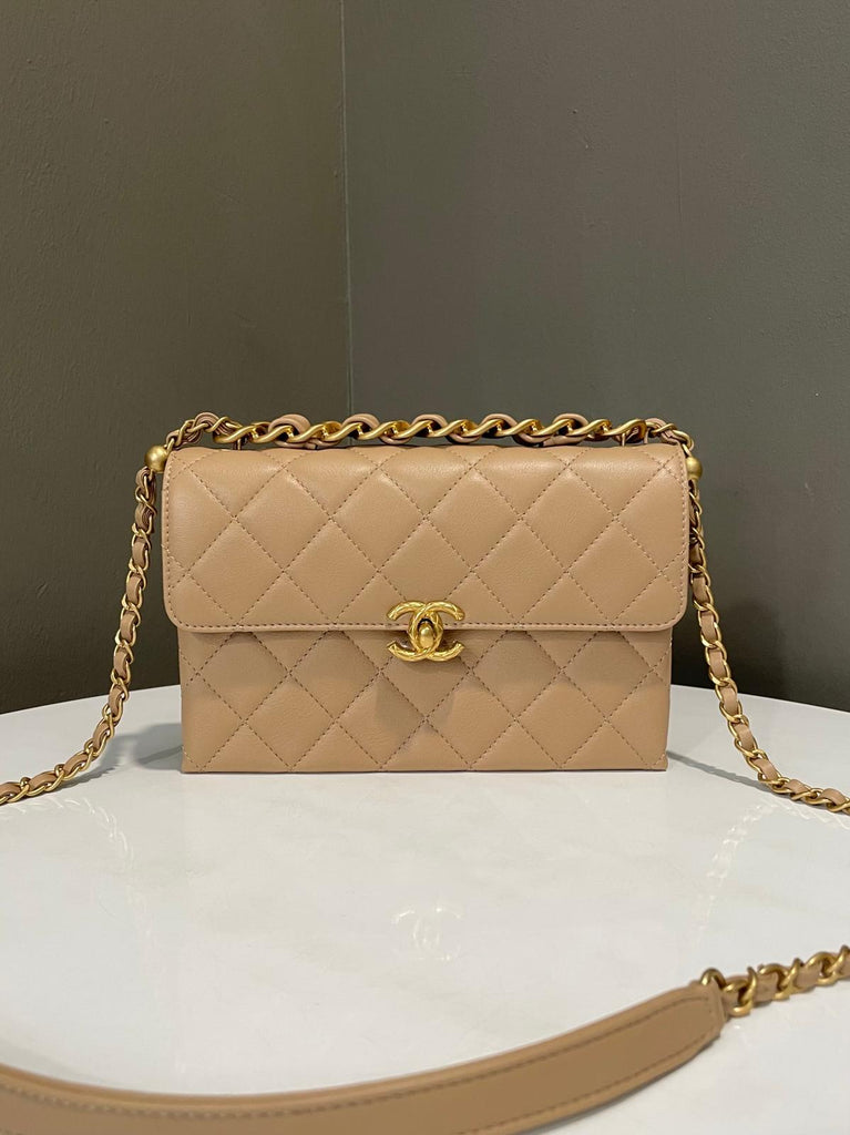 Chanel Top Handle Chain Flap Bag Dark Beige