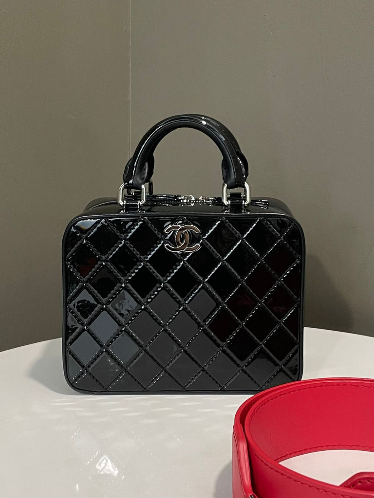 Chanel Top Handle Vanity Case Black Patent / Red Strap