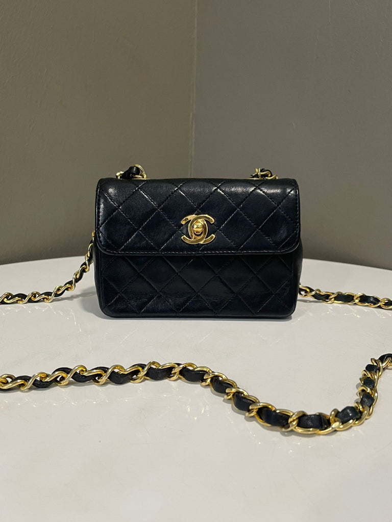 Chanel Vintage Cc Mini Flap Bag Black Lambskin 24K Gold Plated