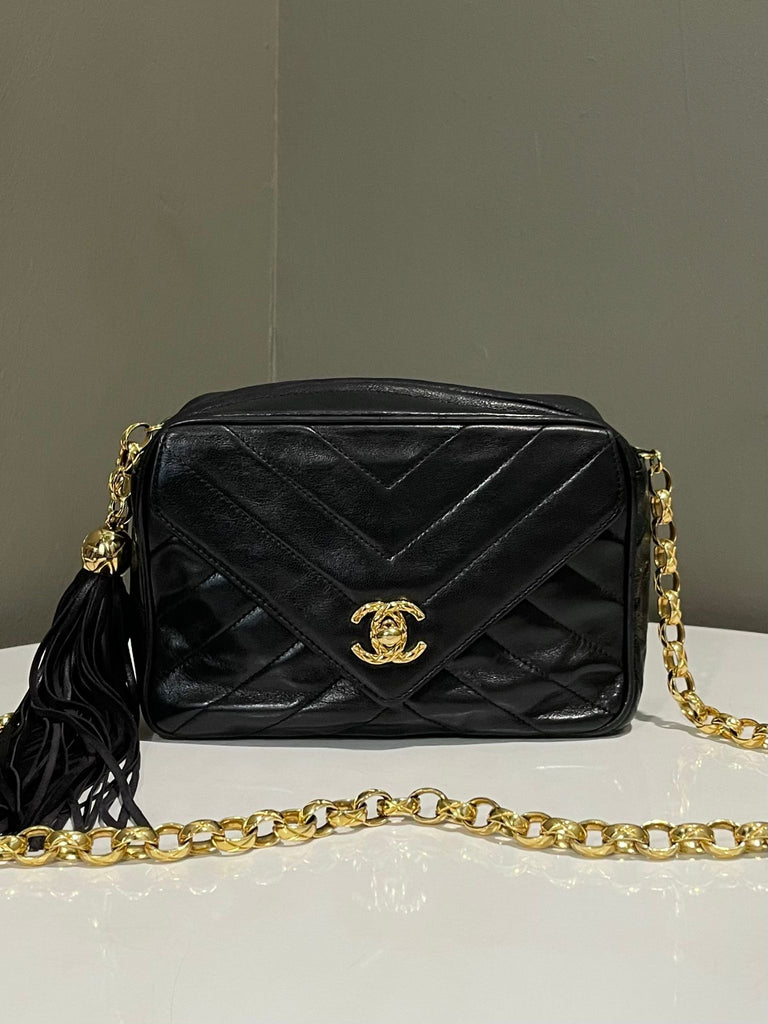 Chanel Vintage Chevron Camera Mini Bag Black Lambskin