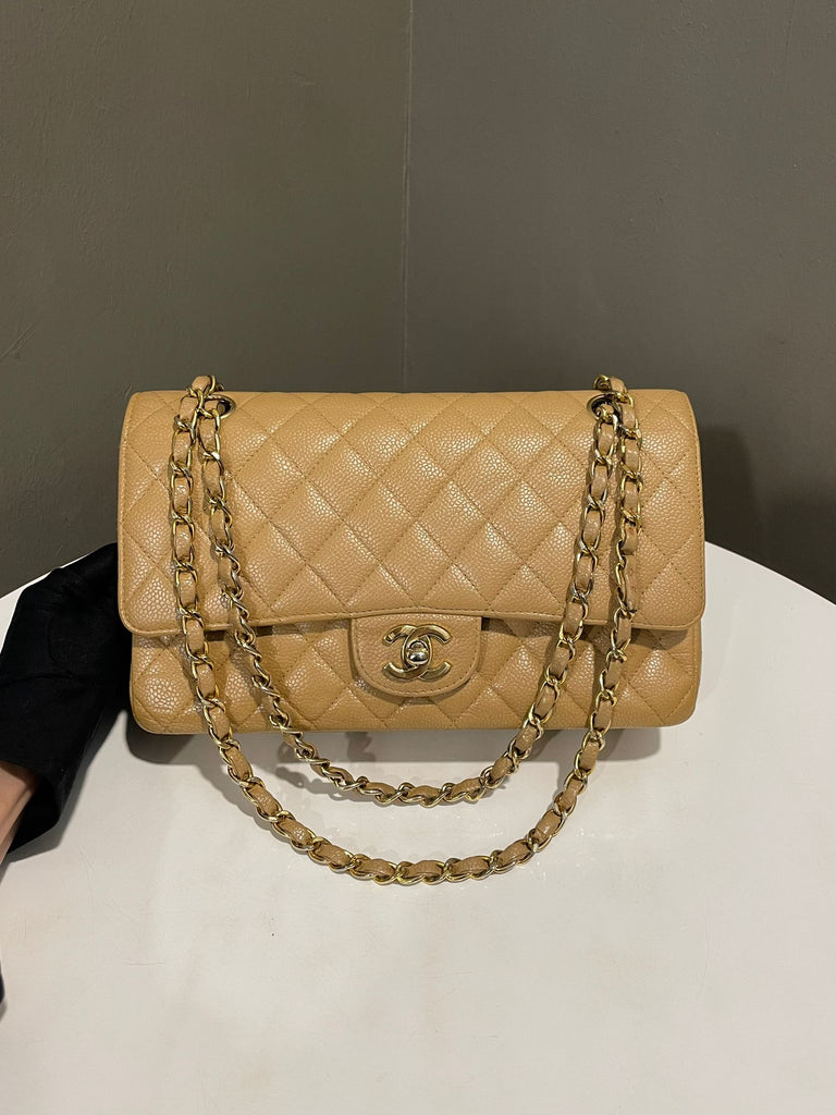 Chanel Vintage Classic Quilted Medium Double Flap Milk Tea Dark Beige Caviar