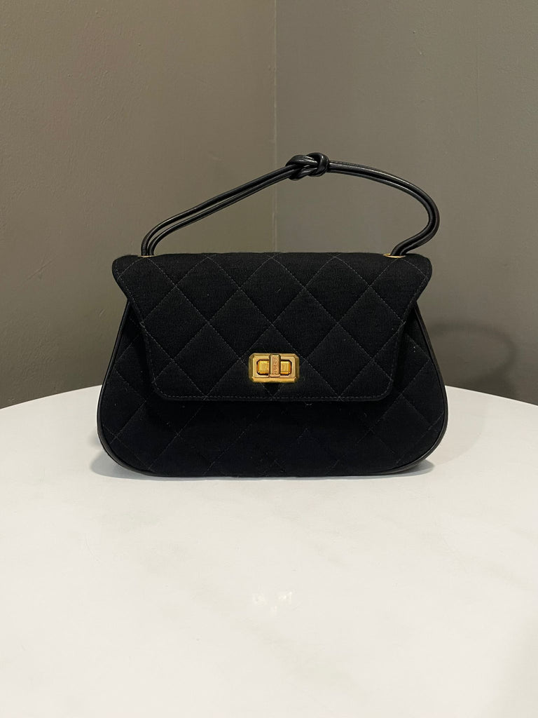 Chanel Vintage Mademoiselle Lock Top Handle Bag Black Jersey