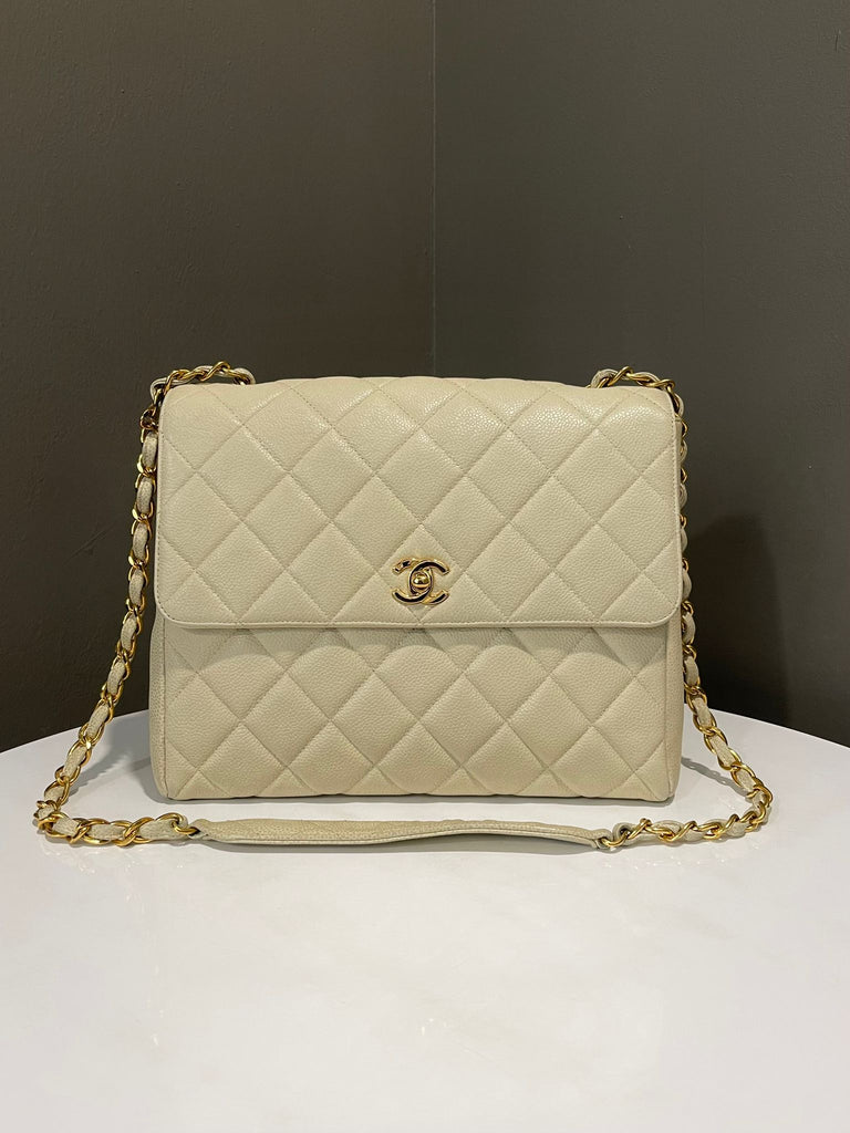 Chanel Vintage Quilted Cc Boxy Flap Cream Caviar
