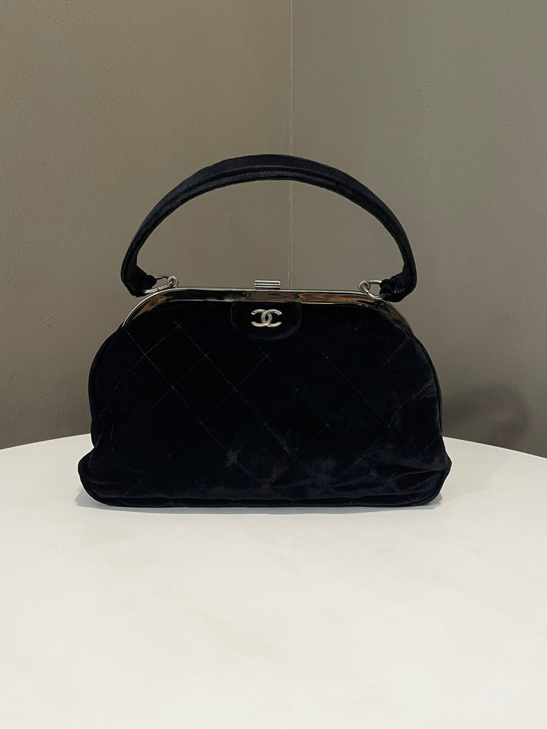 Chanel Vintage Quilted CC Frame Top Handle Bag Black Velvet