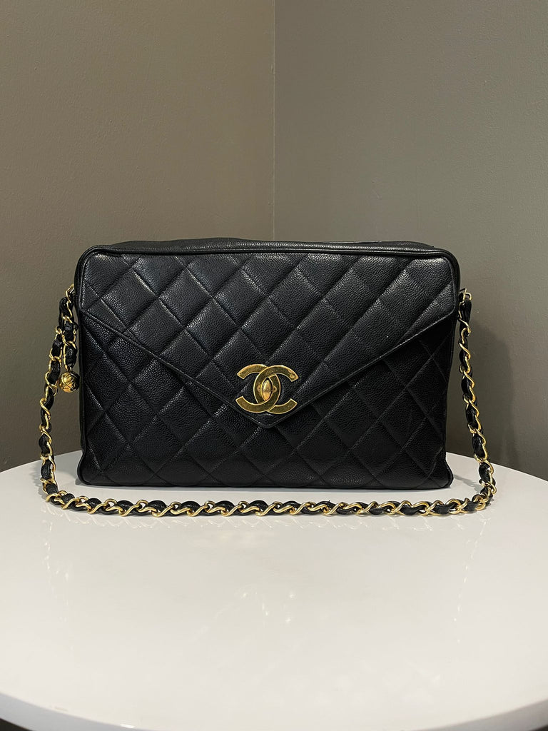 Chanel Vintage XL Envelope Camera Shoulder Bag Black Caviar