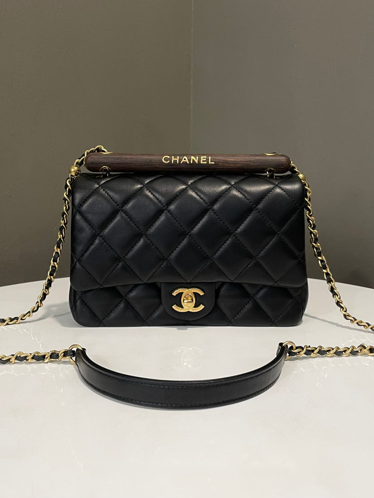 Chanel Wooden Handle Cc Flap Black Lambskin