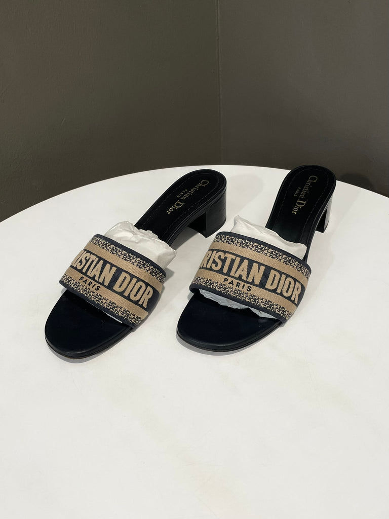 Christian Dior Dway Heeled Slide Deep Blue Embroidered Size 40