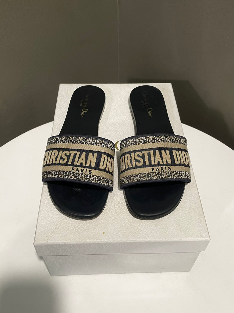 Christian Dior Dway Slide Sandal Deep Blue Embroidered Size 39
