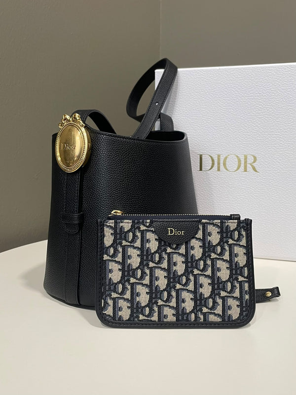 Dior Medallion Bucket Bag Black Grainy Leather
