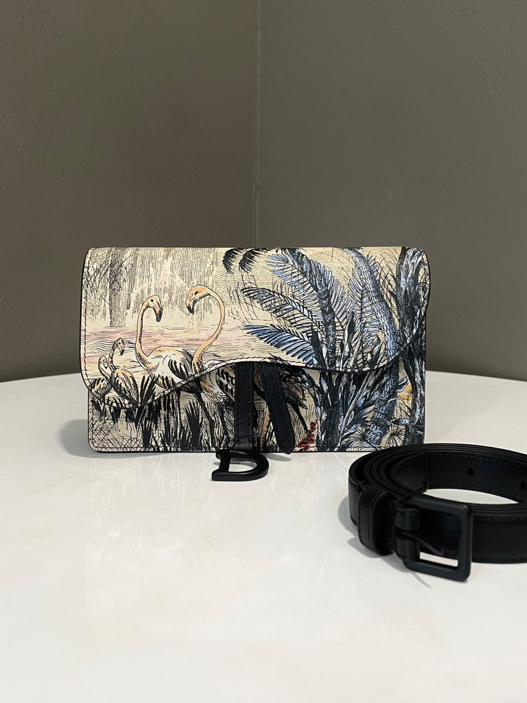 Dior Saddle Belt Pouch Black  Beige Printed Calfskin