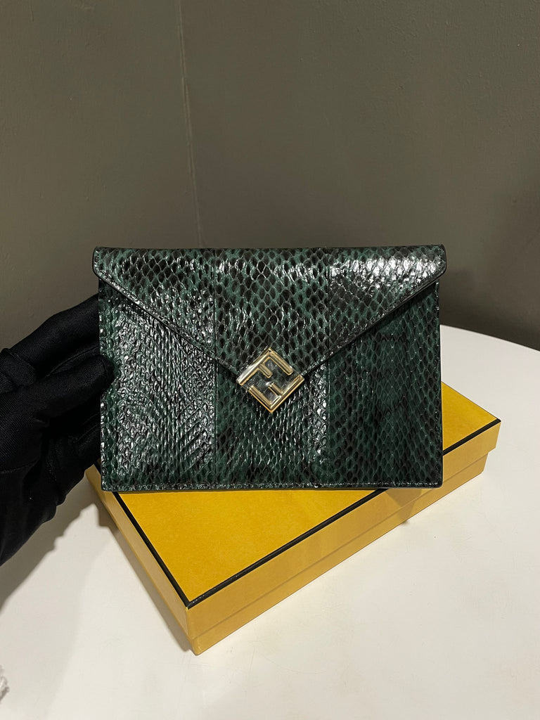 Fendi Envelope FF Flap Pouch Emerald Green Python