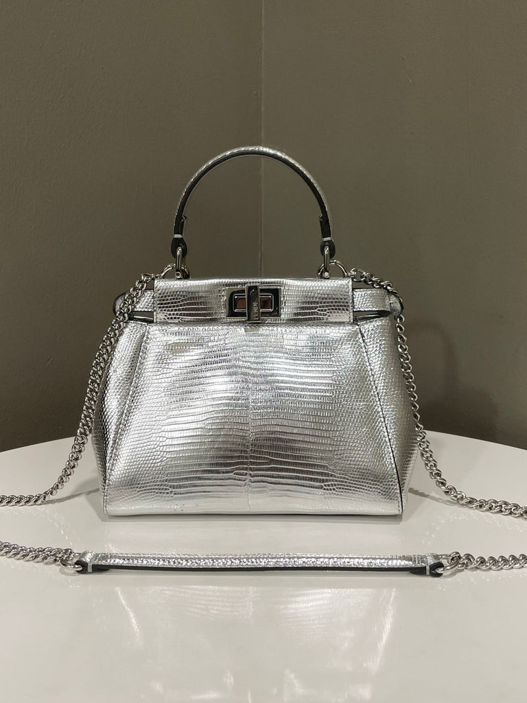Fendi Peekaboo Mini Bag Silver Metallic Lizard