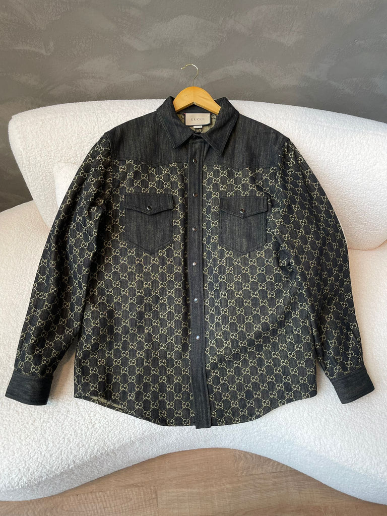 Gucci GG Jacquard Denim Shirt Black / Beige