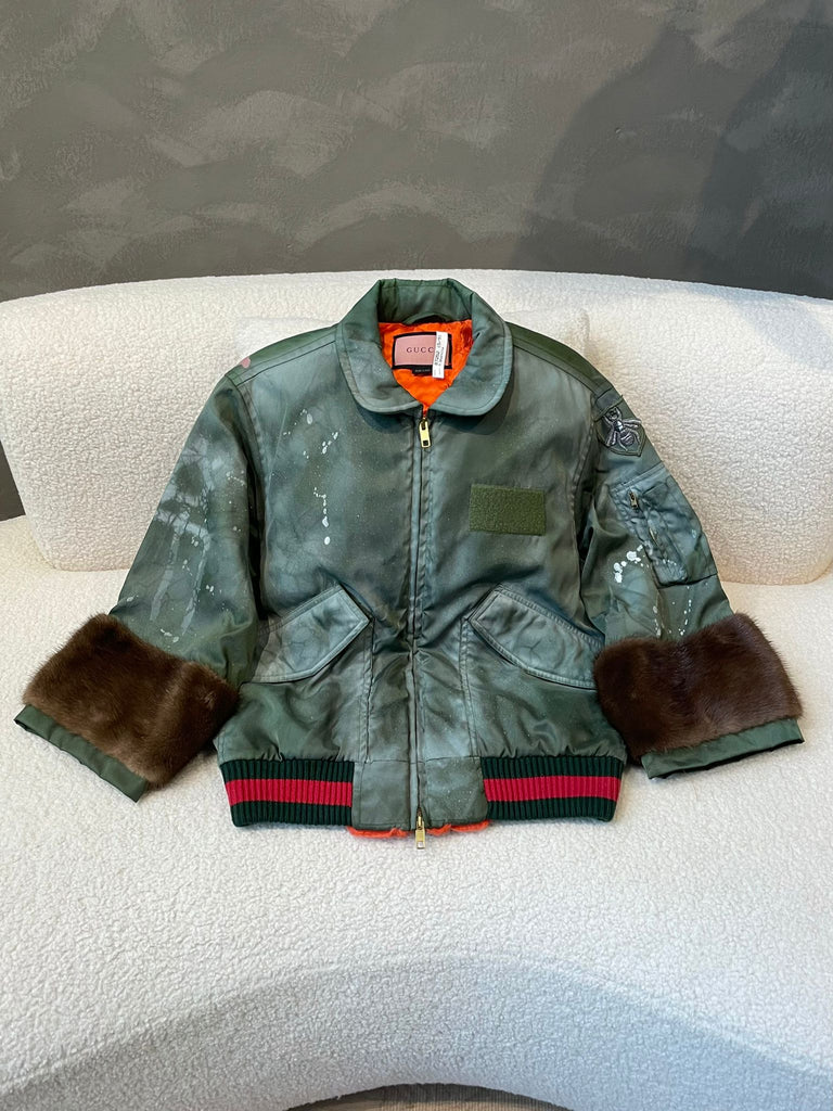 Gucci GG Painted Bomber Fur Sleeve Jacket Olive Green